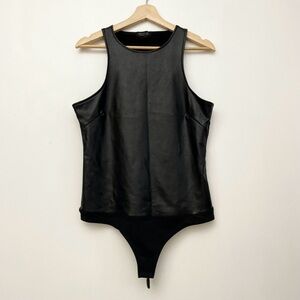 Black Faux Leather High Neck Sleeveless Bodysuit